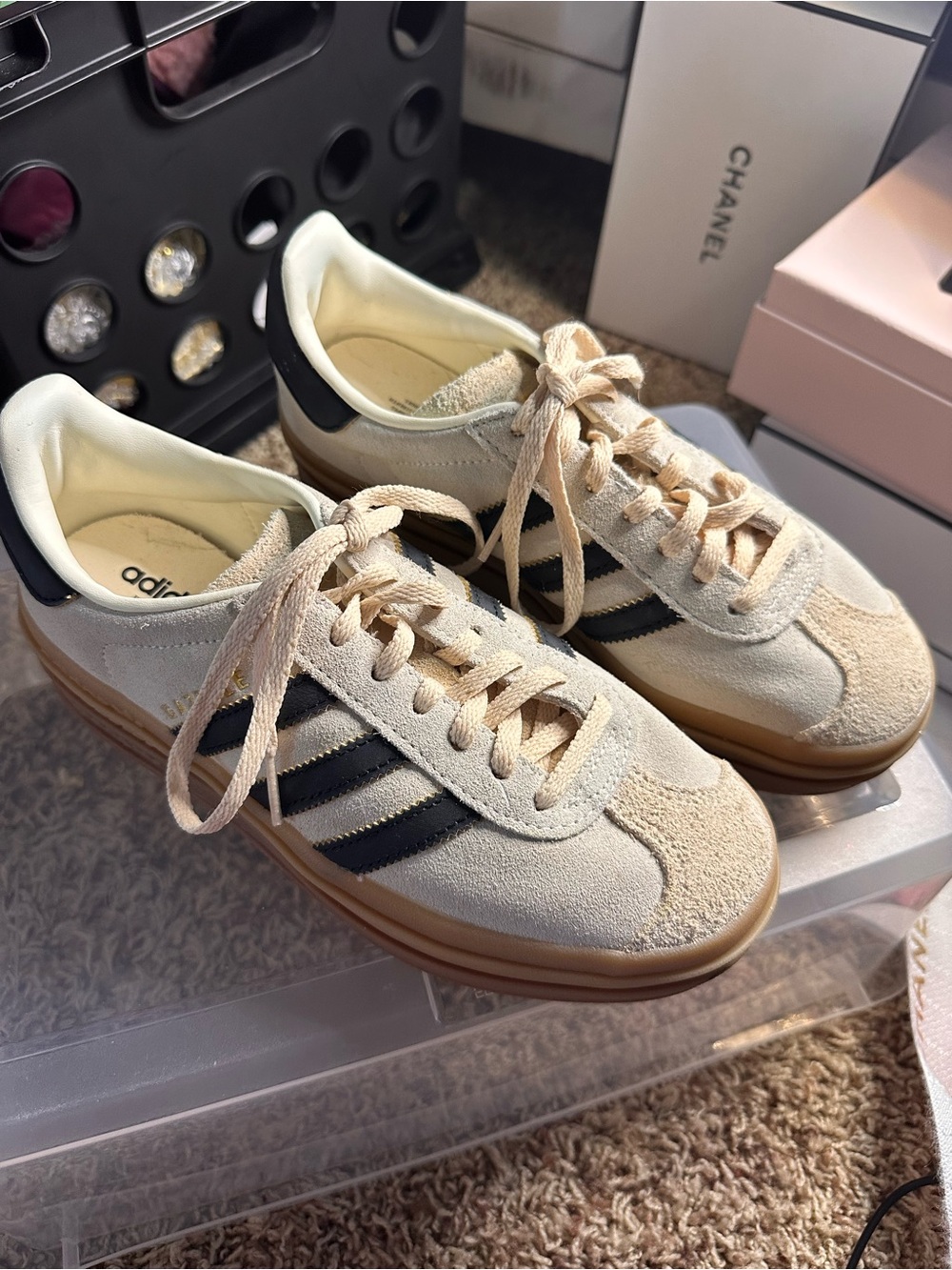 adidas Originals Cream Suede Sneaker, Black Stripes and Gum SoleFits a women 8